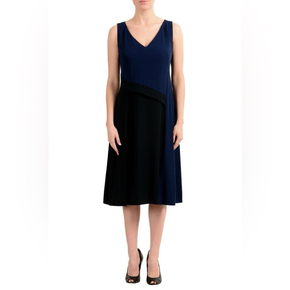 New Boss Hugo Boss Demana V-neck A-Line Dress Black/Blue NWT Business Women’s 10